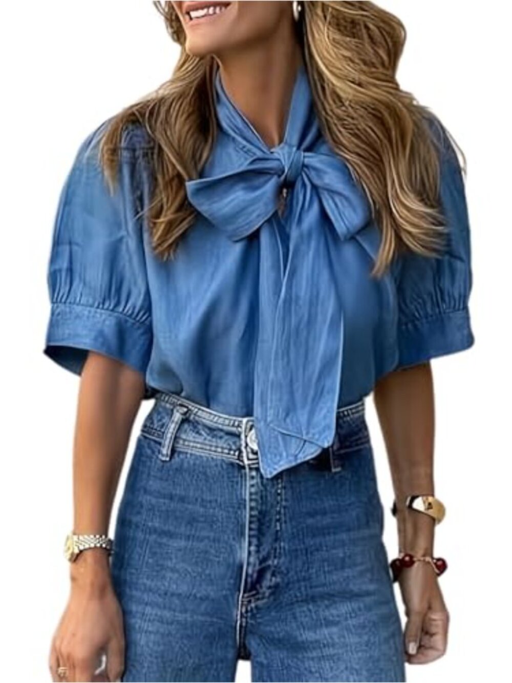 Women Bow Tie Short Puff Sleeve Button-Up Blouse Loose Fit Spring Summer Top